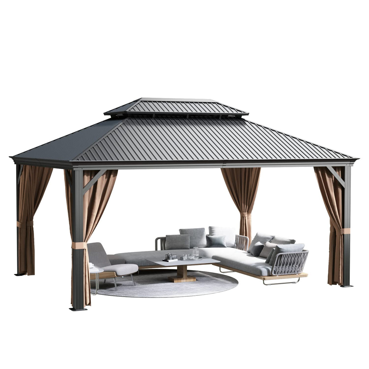 Devoko Outdoor Hardtop Gazebo Galvanized Steel Metal Gazebo Aluminum Frame Double Roof Outdoor Gazebo with Nettings and Curtains for Patios, Garden (12' x16' FT) Devoko