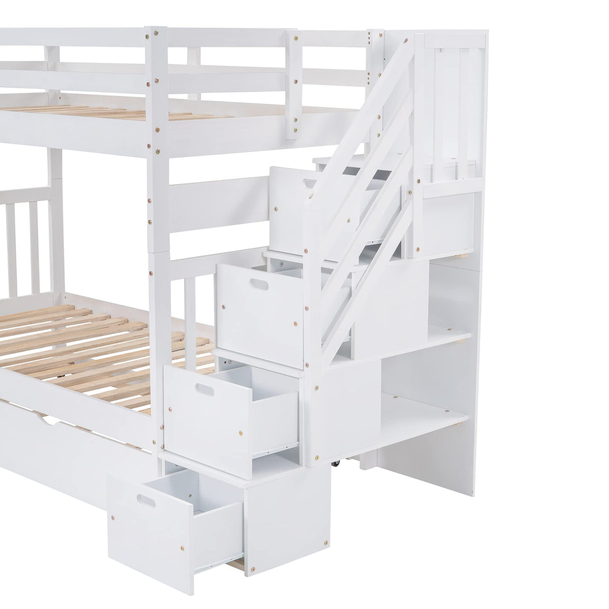 Twin over Full Bunk Bed with Trundle, Wood Bunk Bed with Storage Cabinet and Drawers, Convertible Bunk Beds Twin over Full Size Split into 3 Beds for Kids, Teens, Adults, Noise-reduced, White Harper & Bright Designs