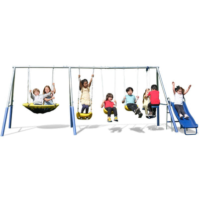 Sportspower 'Swing and Play' Galvanized Metal Swing Set(6 Year Warranty): 2 Swings+Standing, 2 Kid Roman Glider+Saucer, 5' Wavy Slide, EXCEEDS ASTM Safety Standards*4pc Anchor Kit*