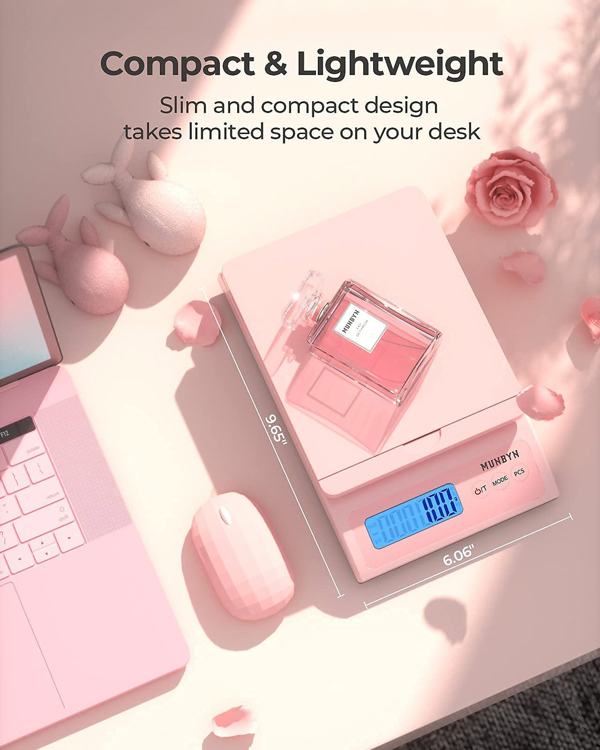 MUNBYN Shipping Scale, Accurate 66lb/0.1oz Postal Scale with Sweet Pink Style, Hold/Tear/PCS Function, Auto-Off, Battery & AC Adapter, Back-Lit LCD Display, Digital Scale for Packages and Food Pink MUNBYN