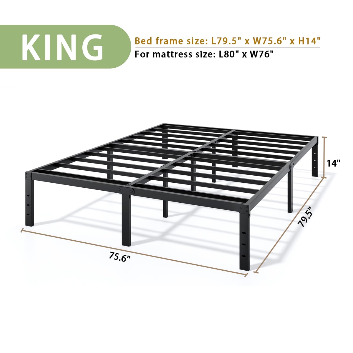 LUMUNANCE Metal Bed Frame King Size - 14 Inch Heavy-Duty King Platform Bed Frame No Box Spring Needed, Easy Assembly, Noise-Free, Sturdy Mattress Foundation, Underbed Storage Space LUMUNANCE