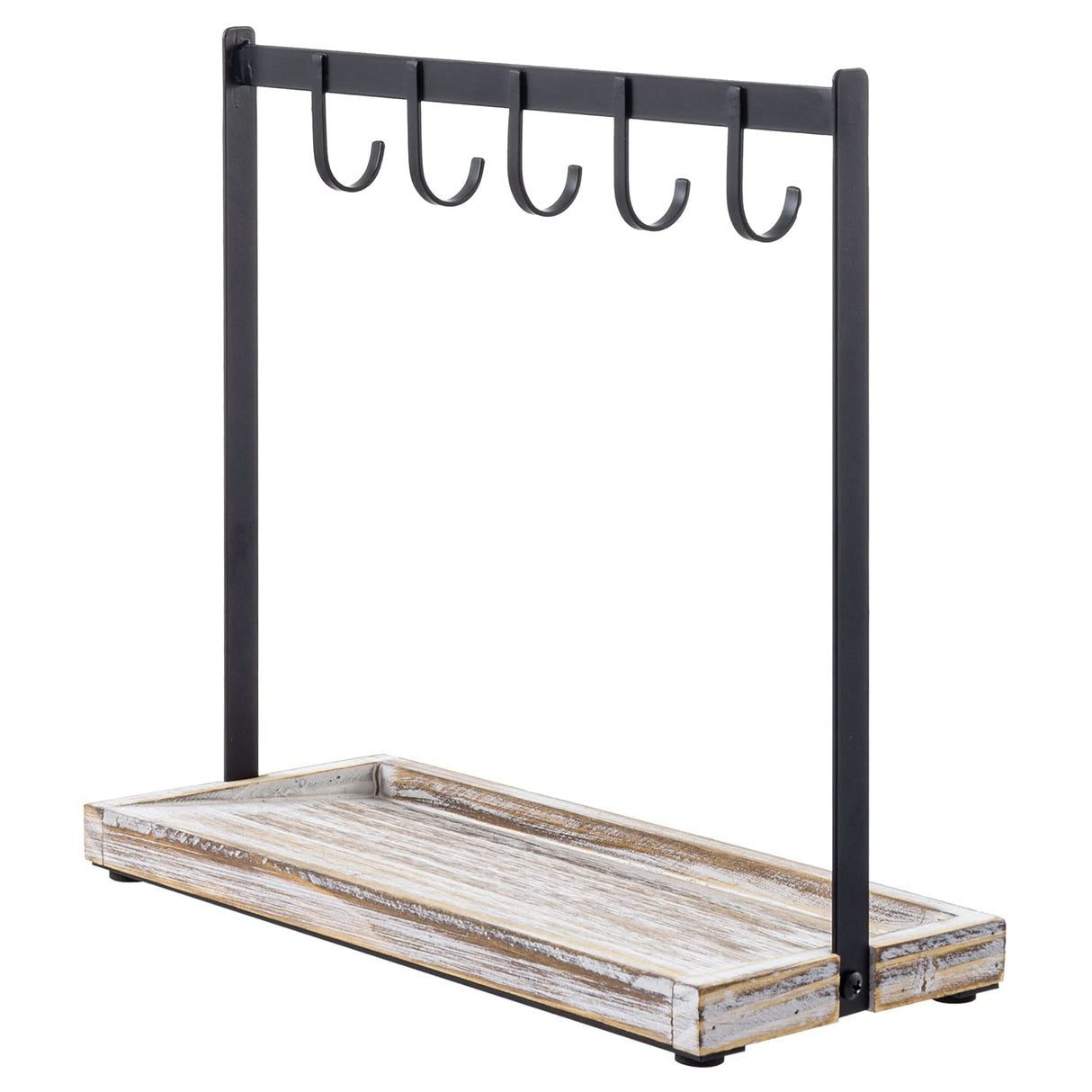 MyGift Black Metal Entryway Key Holder with 5 Hooks and Shabby Whitewashed Wood Base, Tabletop Necklace and Jewelry Organizer Rack with Ring Tray MyGift