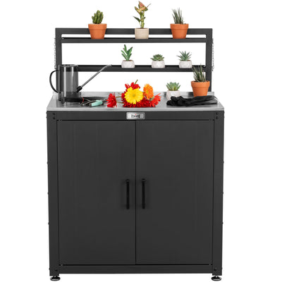 Garden Potting Bench with Storage Cabinet,Outdoor Gardening Table & Work Bench for Plants, Horticulture,Outdoor Workstation with Stainless Steel Tabletop,Outdoor Work Table with Elevated Rack