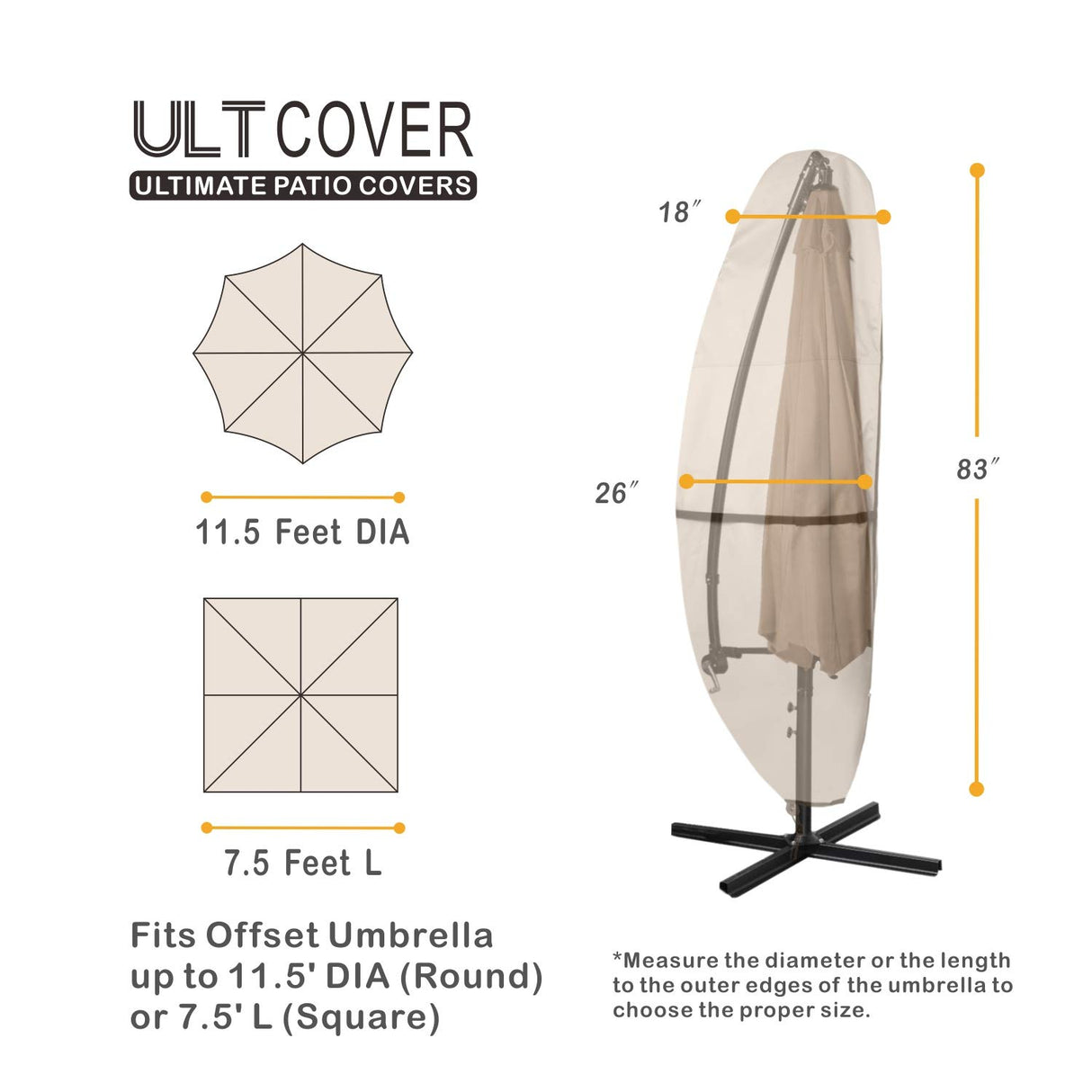 ULTCOVER Patio Parasol 600D Waterproof Outdoor Offset Banana Style Umbrella Cover - Fits Cantilever Offset Umbrella 7.5-11.5 Feet ULTCOVER