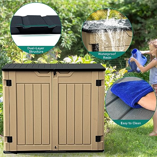 YITAHOME Extra Large Outdoor Horizontal Storage Shed, 4.5x4ft Resin Tool Sheds w/o Shelf, Easy to Assemble Waterproof Storage for Trash Cans, Garden Tools, Lawn Mower, Lockable, Brown YITAHOME