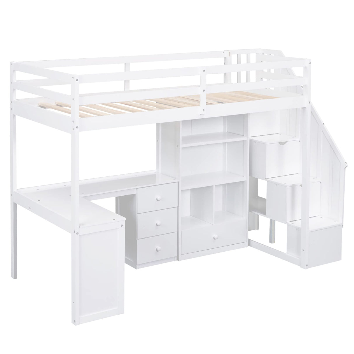 Harper & Bright Designs Twin Size Loft Bed with L-Shaped Desk and Stairs, Solid Wood Loft Bed Frame with Storage Drawers and Bookcase, for Kids Teens Adults - White Harper & Bright Designs