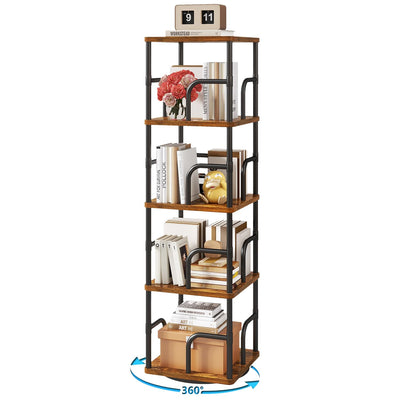 IBUYKE 5 Tier Square Rotating Bookshelf, 360° Spinning Bookcases Tower,Freestanding Corner Bookshelf with Rails,Industrial Swivel Bookcase Organizer for Bedroom, Living Room,Study,Brown,UTBC004H