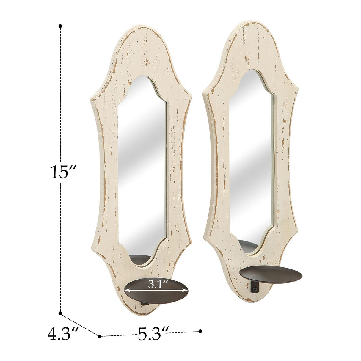 NIKKY HOME Farmhouse Candle Sconces Wall Decor Set of 2, Rustic Wooden Hanging Candle Holders, Antique Mirror Wall Art Decorations for Living Room, Bathroom, Dining Room and Office - Distressed White NIKKY HOME