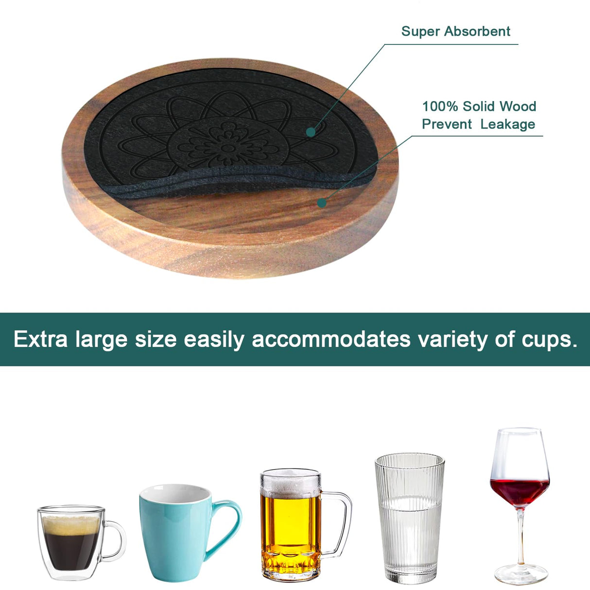 Wood Coasters for Drinks, Minacun Absorbent Coaster Sets of 5, Drinks Coasters for Coffee Tabletop Protection, Non-Slip, Non-Stick, Suitable for Kinds of Cups Wooden Table Drink, 4.3 Inches Black Minacun