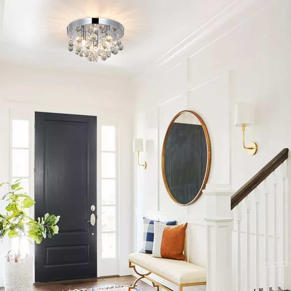 TISLYCO Modern Round Crystal Chandelier Ceiling Light,3 Light Crystal Flush Mount Small Chandelier, Silver Modern Ceiling Lamps Raindrop Chandelier Crystal Light Fixture for Bedroom, Hallway TISLYCO