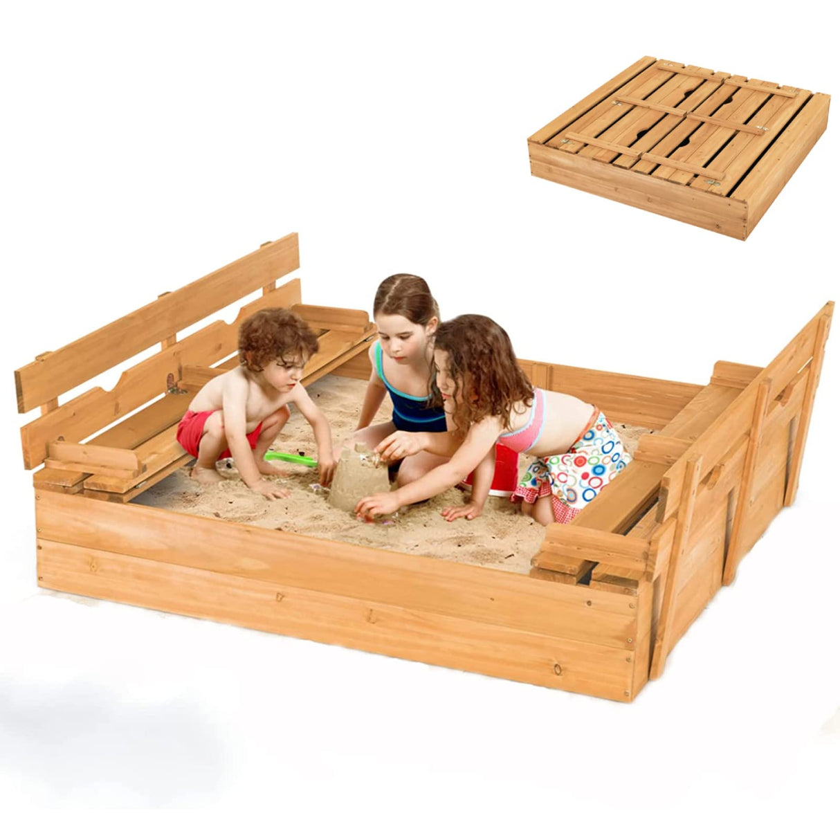 HONEY JOY Sandbox with Cover, 47x47 in Cedar Bottomless Sand Pit for Backyard Deck Patio Lawn, 2 Foldable Bench for Sand Protection, Square Wooden Sand Boxes for Kids Outdoor with Lid HONEY JOY