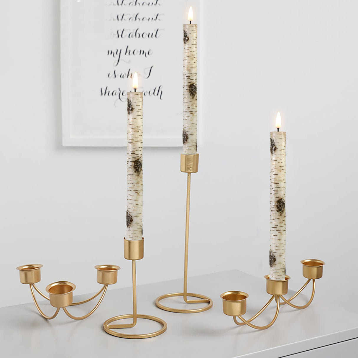 Eywamage Birch Bark LED Taper Candles with Remote, Battery Operated Wood Candles, LED Wax Candlesticks Set of 6 Eywamage