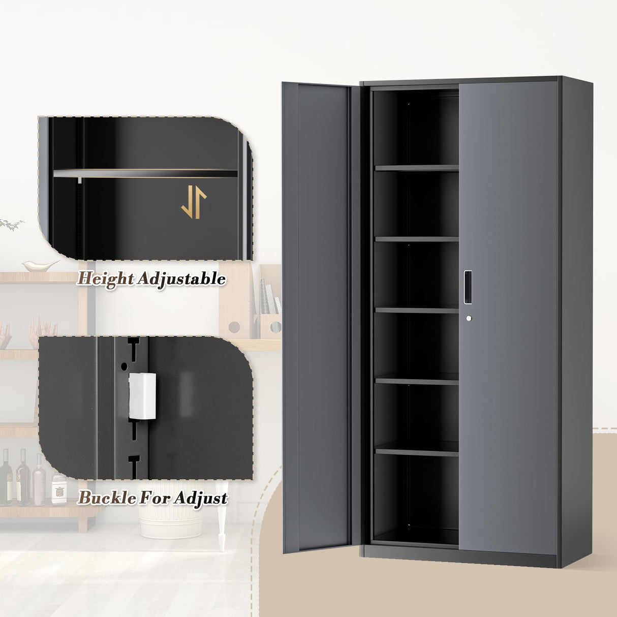 Athena Collection 71" Tall Metal Storage Cabinet with 2 Doors and 6 Ajustable Shelves, Garage Storage Cabinet for Files, Tools, Home Offcie, School, Garage, Pantry, Grey Black Athena Collection