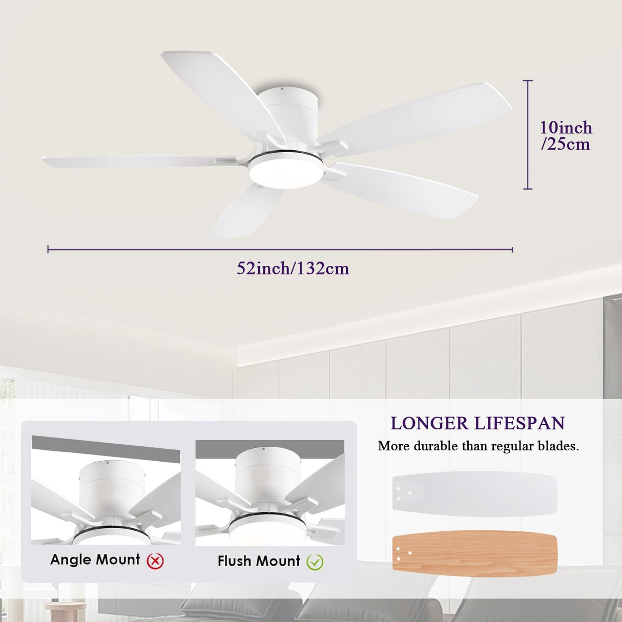 52inch Flush Mount Ceiling Fans with Lights and Remote/APP Control, Dimmable LED, Reversible DC Motor, Noiseless, Low Profile White Ceiling Fan for Livingroom, Indoor/Outdoor Use FUMLTP