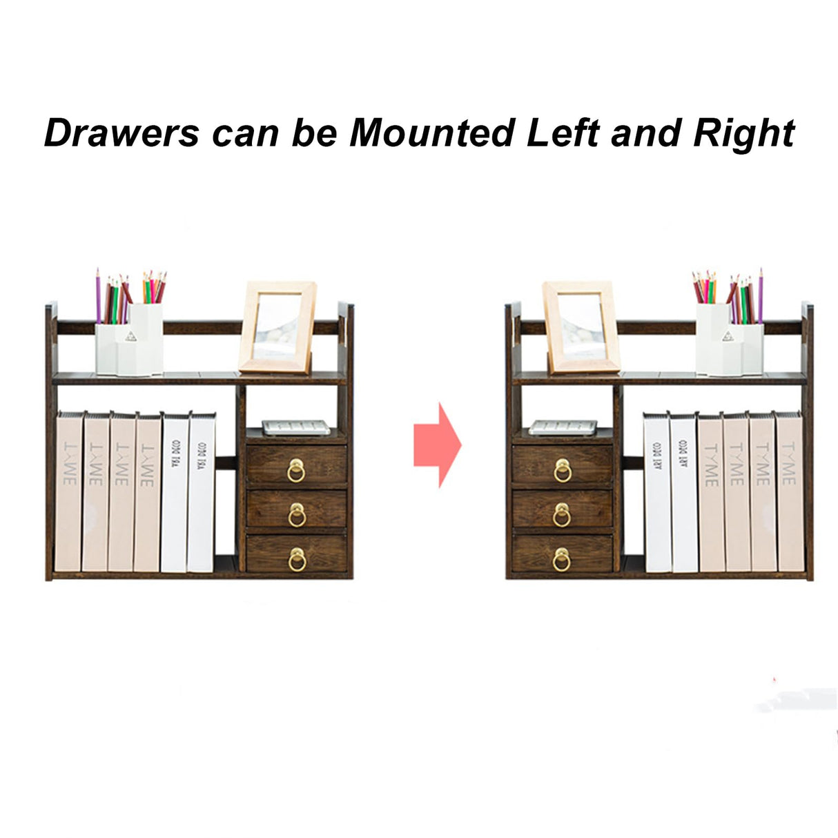 ILWorkTLs 2 Tier Bamboo Countertop Bookshelf,Desktop Organizer Shelves with 3 Drawers,Desktop Bookcase for Home Office,Walnut ILWorkTLs