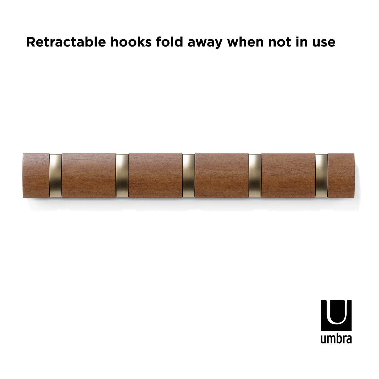 Umbra FLIP Wall Mounted Floating Rack – Modern, Sleek, Space-Saving Hanger with Retractable Hooks to Hang Coats, Scarves, Purses and More, Walnut/Gold Umbra