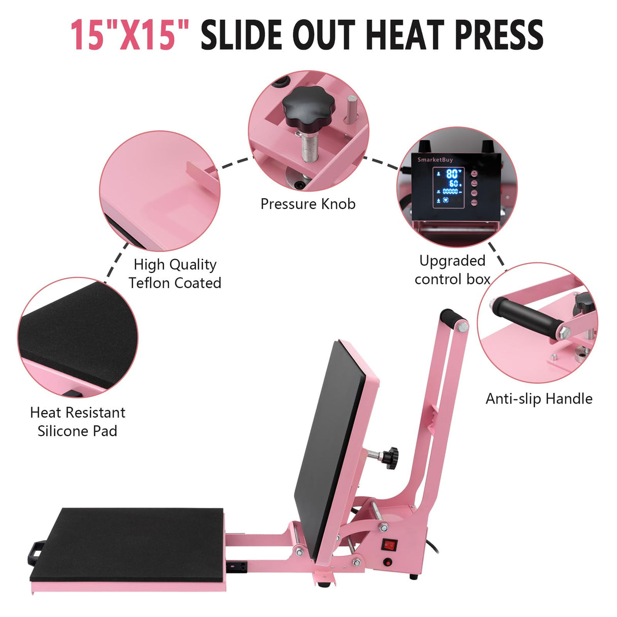 SmarketBuy 15x15 Inch Heat Press for T Shirts, 1400W Slide Out Heat Press Machine, Clamshell Heat Press Machine Steady and Even Heat Performance Large Heat Transfer Machine for T-Shirts, Bag Mouse Pad SmarketBuy