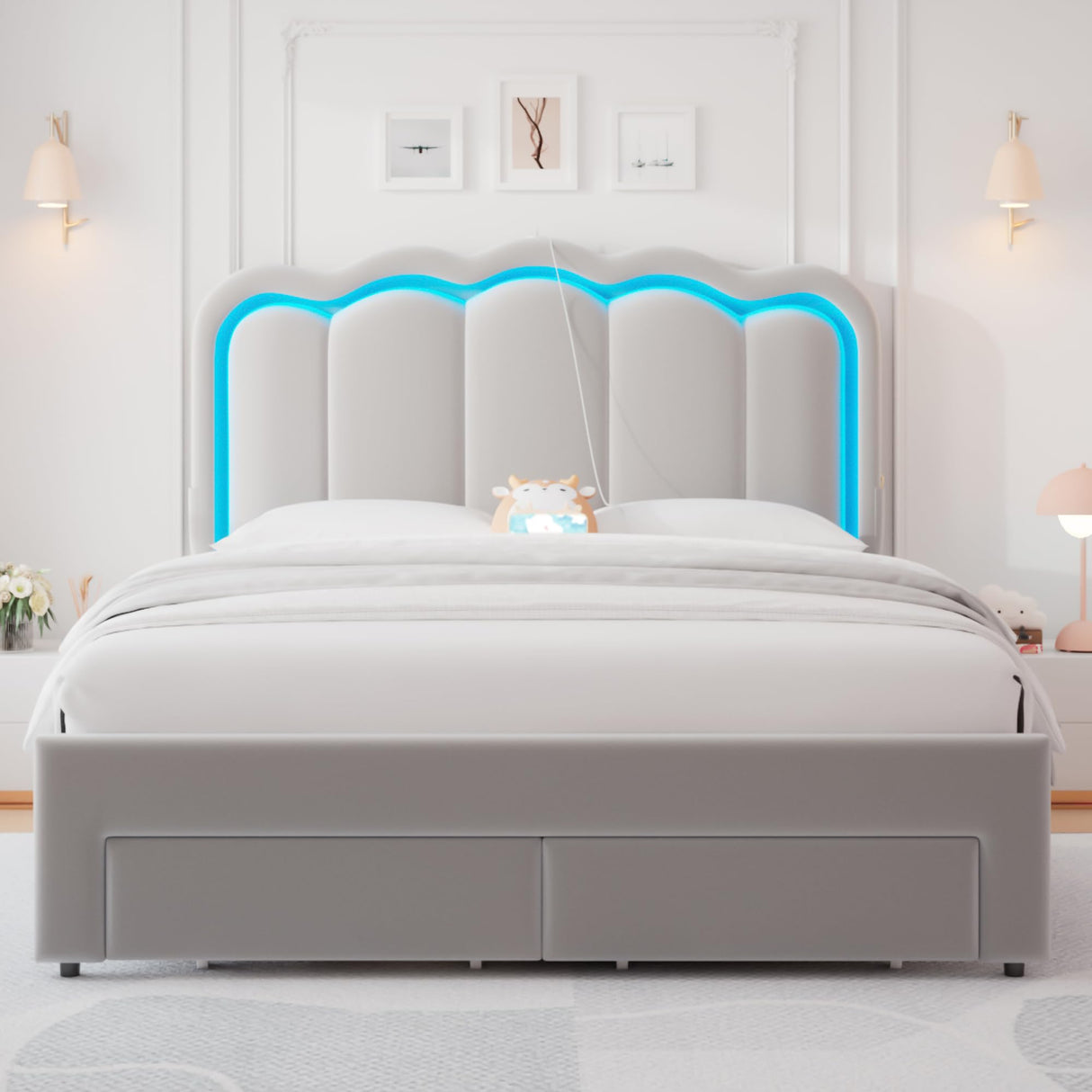 Full Upholstered LED Bed Frame with 2 Storage Drawers and Adjustable Chic Double Wavy Headboard, Velvet Prince Platform Bed with Charing Station, Solid Wood Slats Support,No Box Spring Needed,Grey Jocoevol