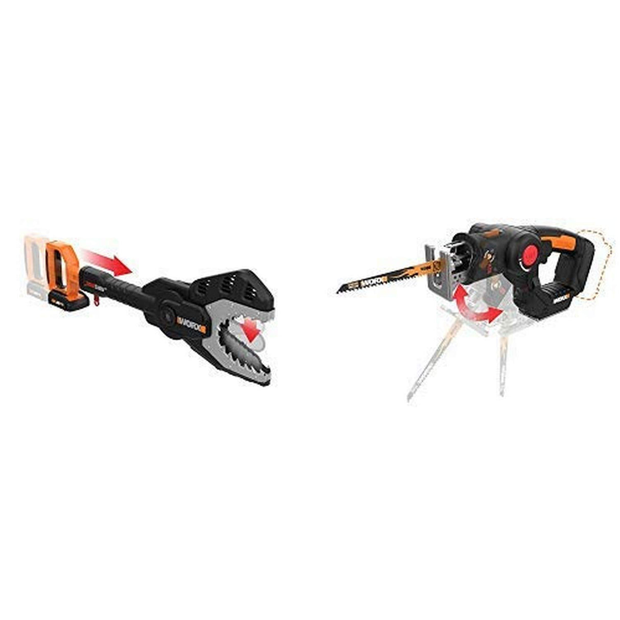 WORX WG320 JawSaw 20V PowerShare Cordless Electric Chainsaw with Auto-Tension with WX550L.9 20V AXIS 2-in-1 Reciprocating Saw and Jigsaw with Orbital Mode, Variable Speed and Tool-Free Blade Change WORX