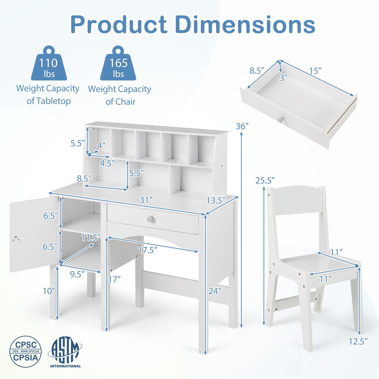 Costzon Kids Desk and Chair Set, Wooden Kids Study Desk with Hutch, Large Cabinet & Drawer for Writing, Reading, Drawing, Student Computer Workstation for Home School, Desk for Kids Ages 3+ (White) Costzon