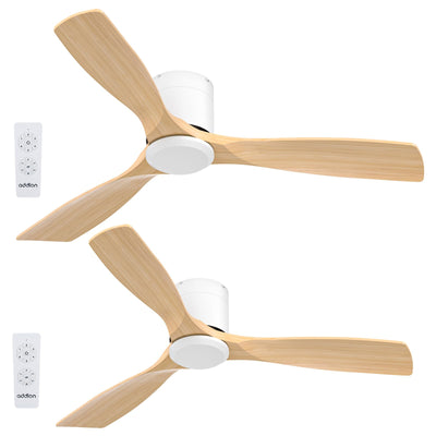addlon 2 Pack 52 inch Ceiling Fans No Lights, white Low Profile Ceiling Fan with Remote Control, Flush Mount, Reversible, 3 Wood Blades, 6 Speeds, Noiseless, Wood Ceiling Fan for Indoor/Outdoor Use