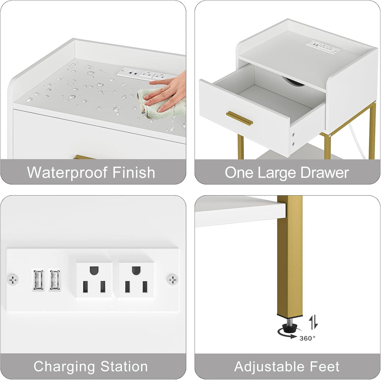 Aienvey Nightstand with Charging Station,Bedside Table with Drawer and 2 Shelf Storage, Small Side Table, Modern White Night Stand, Tall End Table for Bedroom, Living Room Aienvey