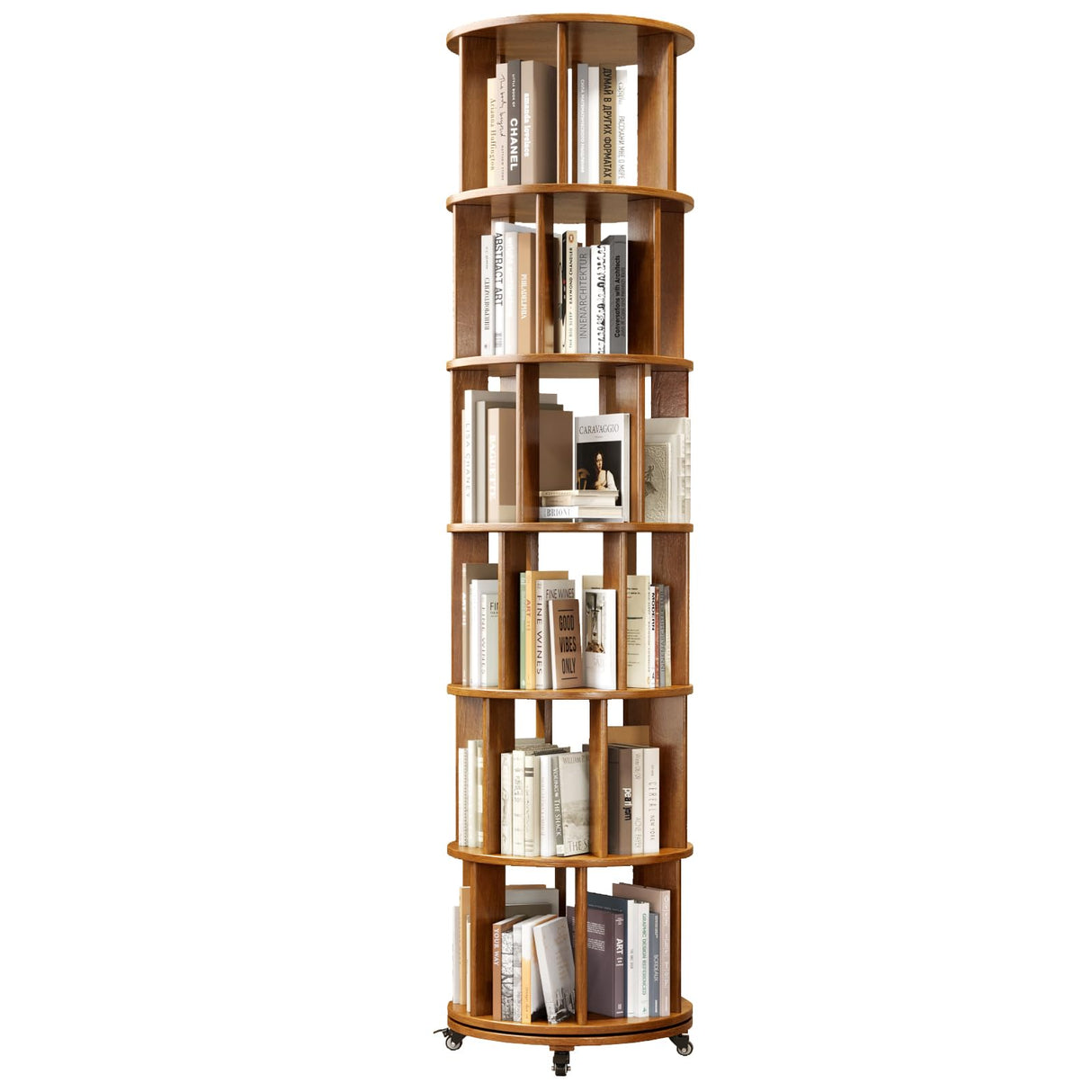 6 Tier Rotating Bookshelf Tower Spinning Bookshelf with Swivel Wheels Book Shelf Rotating Storage Tower for Kids Adult Narrow Walnut Solid Wood Revolving Bookcase Organizer for Bedroom Living Room IUNVR