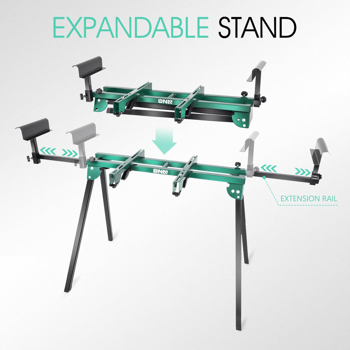 DNA MOTORING Miter Saw Stand Quick Attach Tool Compact & Folding, 220LB Capacity, Max. Sliding Rail 92.5", Quick Release Mounting Brackets, Green, TOOLS-00463 DNA MOTORING