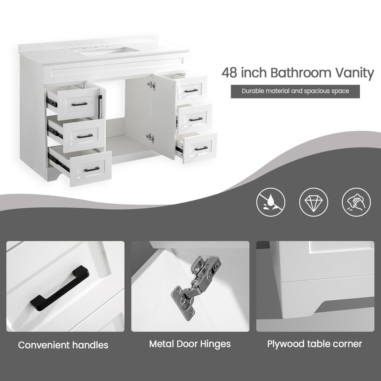 SSFEG 48” Bathroom Vanity with White Engineered Marble Stone Rectangular Sink, Modern Bathroom Cabinet with 2 Soft Closing Doors and 6 Drawers(Without Pop Up Drain、Faucet&Mirror) SSFEG