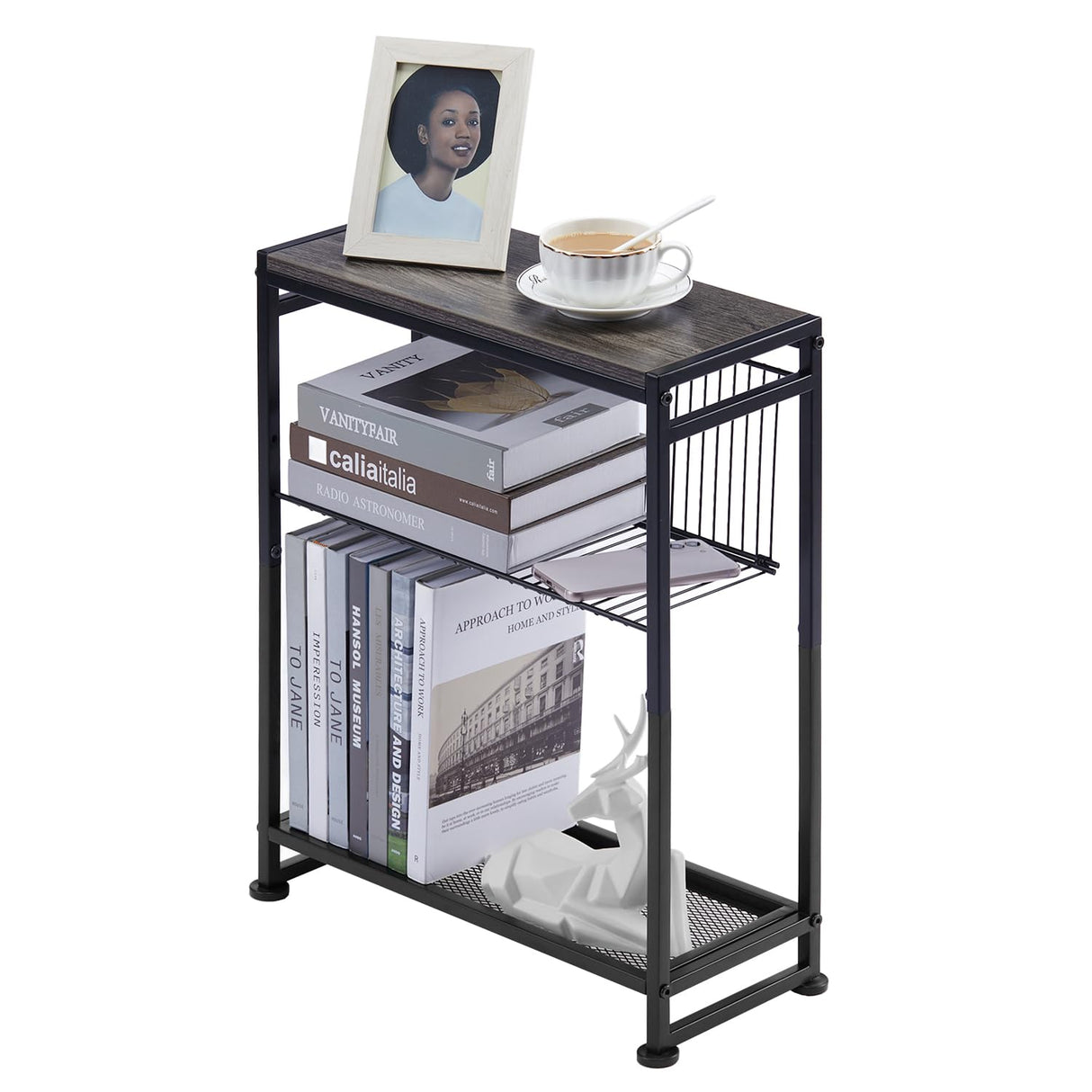 Dulcii Small Side Table for Small Spaces - Slim End Table with Magazine Holder Narrow End Table Living Room - Skinny Bedside Table Nightstand Bedroom Thin Side Table (Grey) Dulcii