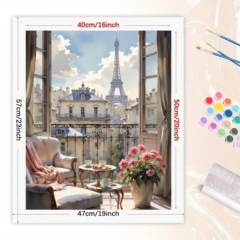 Paris Balcony Paint by Numbers Kit for Adults - DIY Eiffel Tower and Tea Setting Painting on Canvas 16x20In, Acrylic Paint Set, Suitable for Beginners, Art for Home Decoration or Gifts DecorFriday
