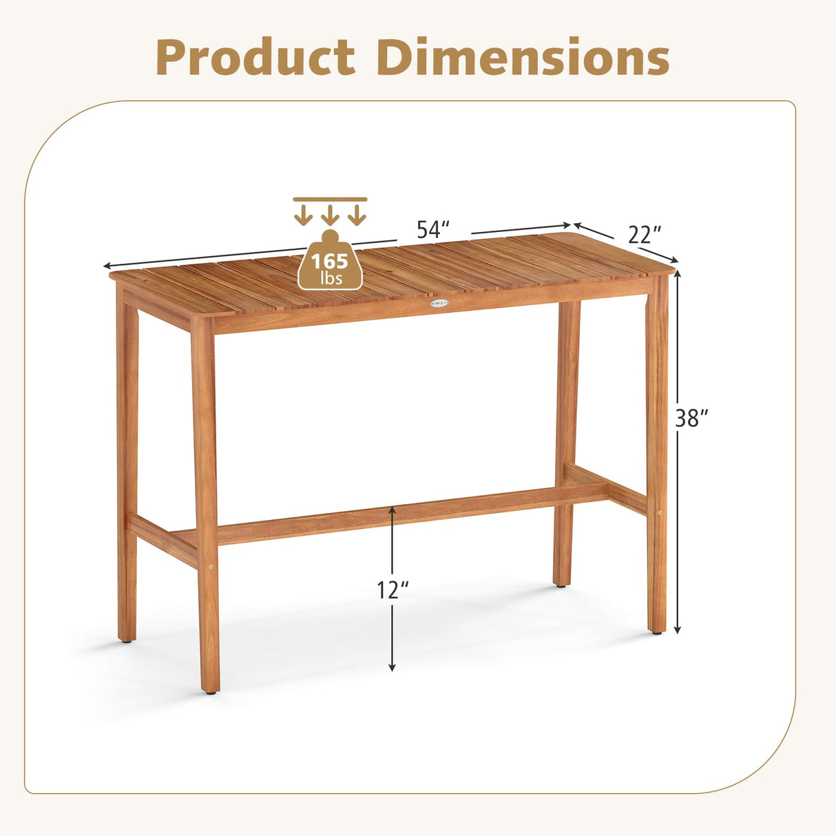 Tangkula Patio Bar Table, 54” x 22” Acacia Wood Counter Height Table with Slatted Tabletop & Footrest Crossbar, Rectangle High Top Table for Backyard, Poolside, Balcony Tangkula