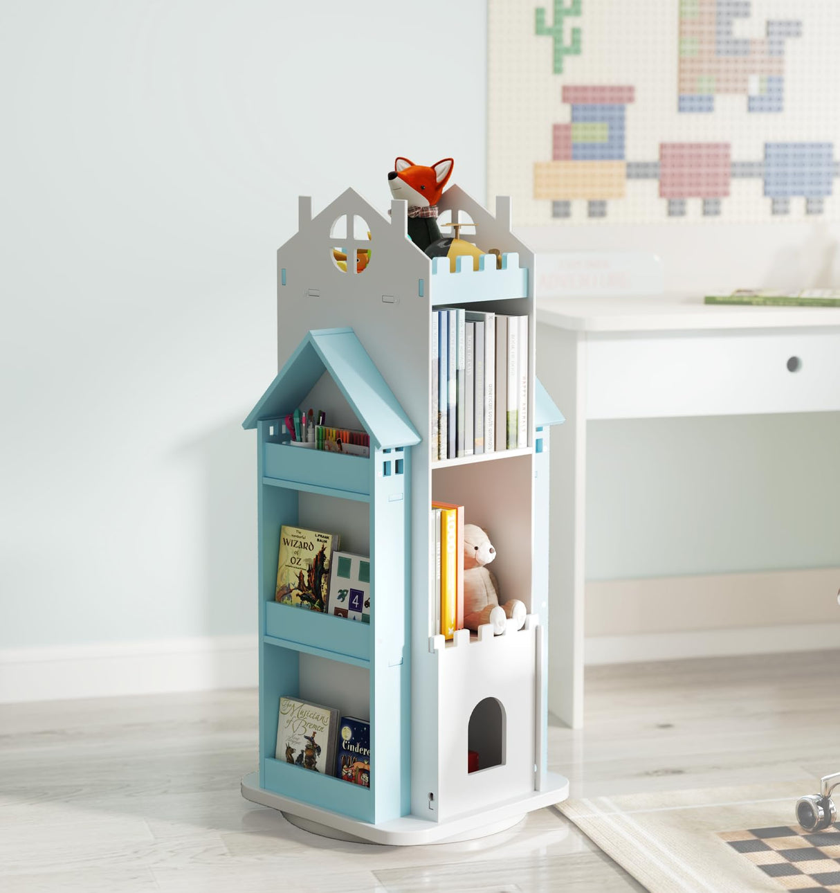 Suuiwau 360° Rotating Bookshelf Kids,Blue Revolving Bookcase 3-Tier Spinning Dollhouse Bookshelf Floor Standing Book Storage Organizer for Children's Room Suuiwau