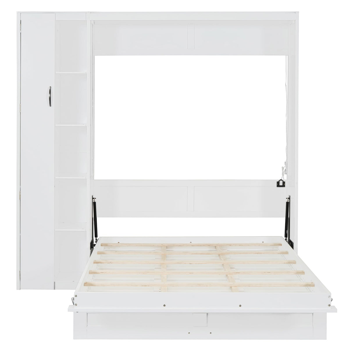 Merax Full Size Murphy Bed with Wardrobe, Murphy Bed Cabinet with Storage Shelves and LED Lights, No Box Spring Needed, White Merax