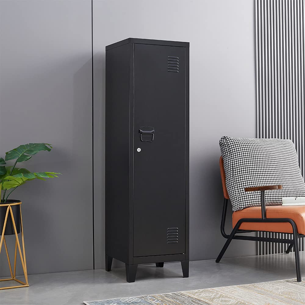 iCHENGGD Metal Cabinet, 47" H Home Office Storage Lockers, Vertical Steel Storage Cabinet with Locking Door and 2 Adjustable Shelves, Small Metal Locker Cabinets (1 Door, Black) iCHENGGD