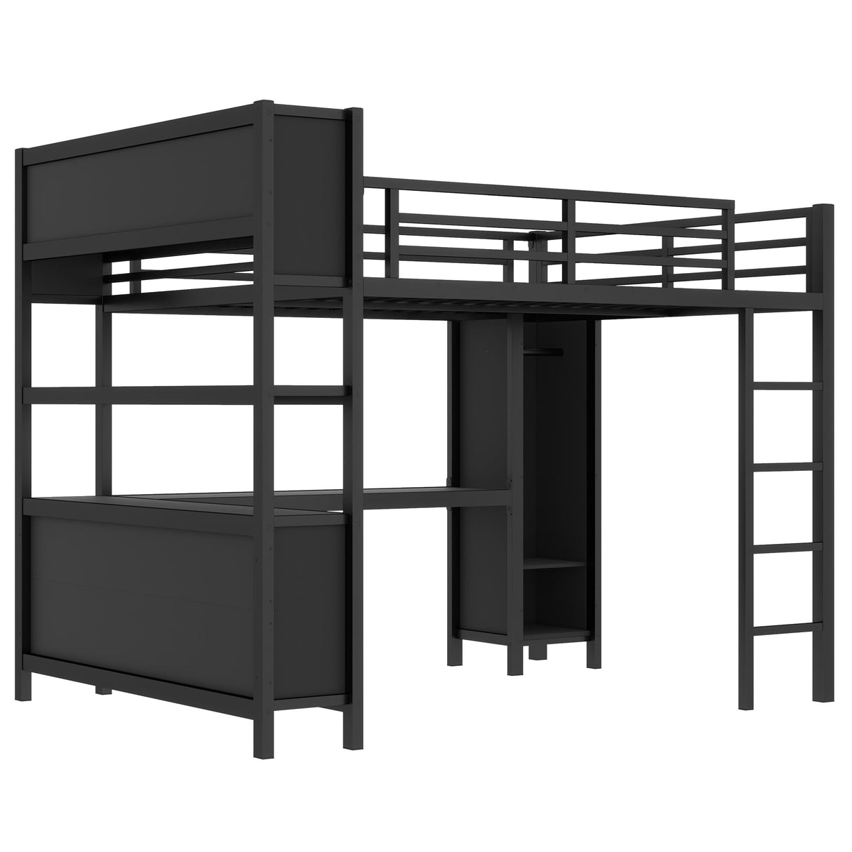 Queen Loft Bed Frame with Wardrobe and Storage Cubes, Queen Size Loft Bed with Desk and Storage Shelf, Heavy Duty Loft Beds with Guardrail, Noise Free Design, Adult Loft Bed Frame, Black Bellemave