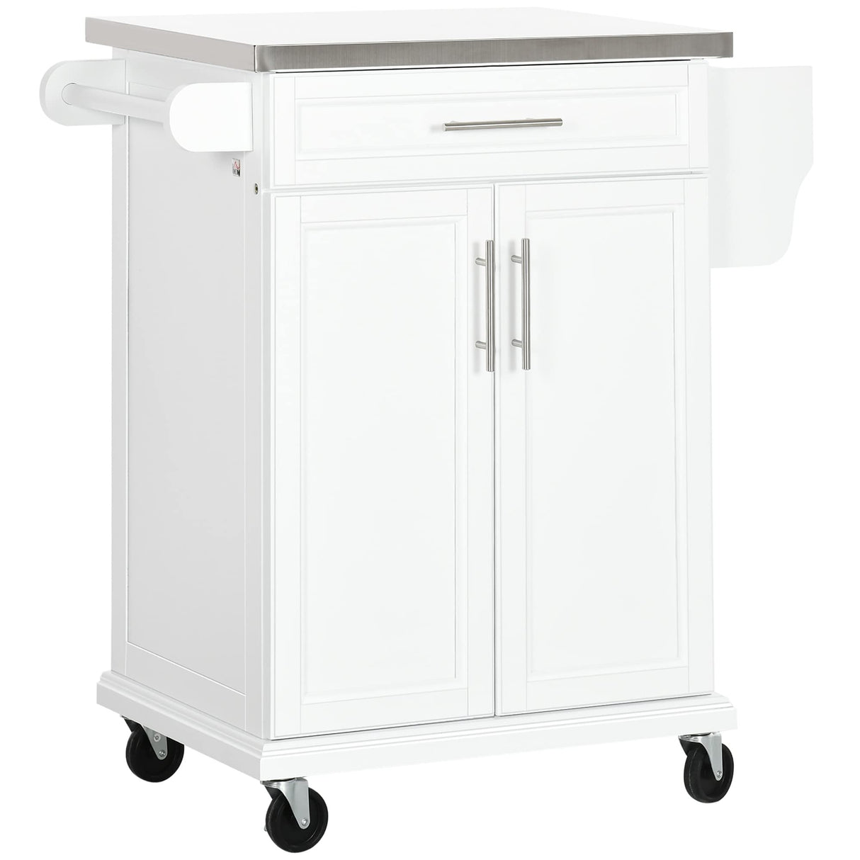 HOMCOM Kitchen Island on Wheels, Rolling Kitchen Cart with Stainless Steel Countertop, Drawer, Towel Rack and Spice Rack, Utility Storage Trolley, White HOMCOM