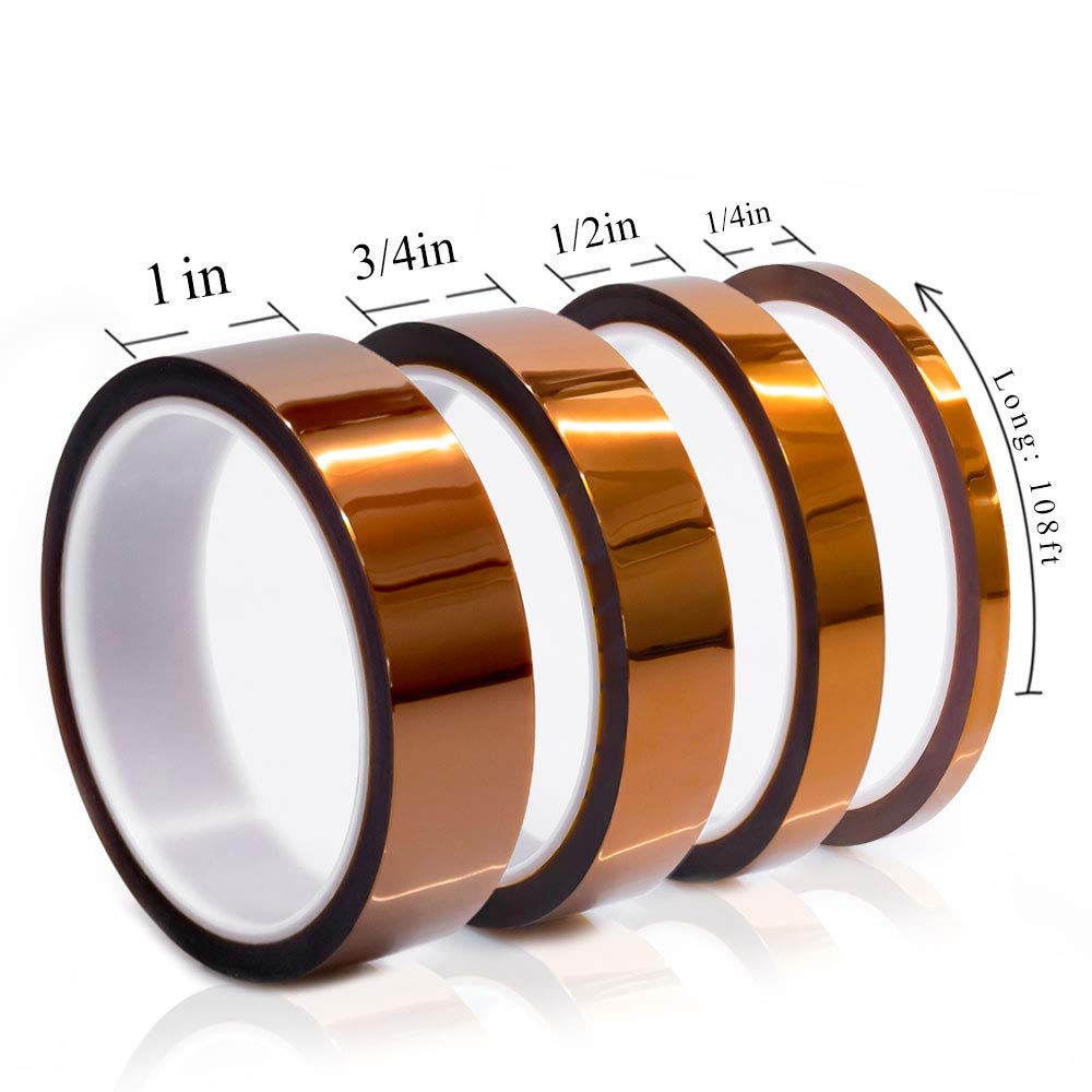MYJOR High Temperature Tape, 1 mil Kapton Tape, Polyimide Tape, Professional for Protecting CPU, PCB Circuit Board, 1/4", 1/2", 3/4", 1"- 4 Rolls,No Residue. MYJOR