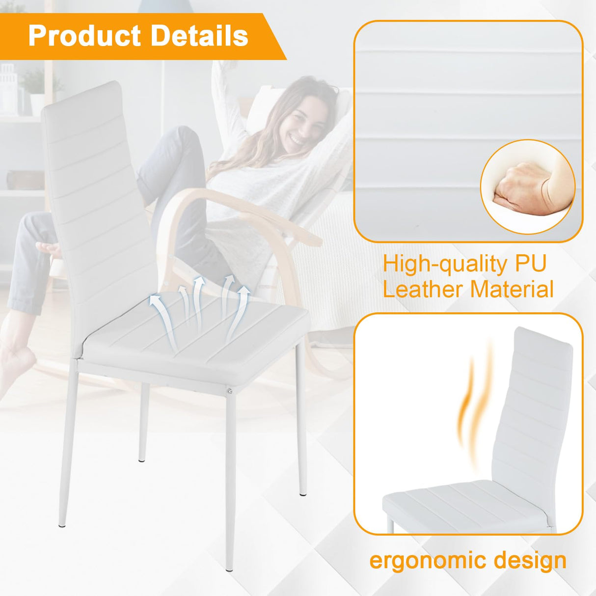 FDW | 5-Piece Dining Table Set | White | Glass Kitchen Table with 4 Upholstered Chairs and Faux Leather Cushions | Space-Saving and Modern Design | for Dining Room, Easy to Assemble FDW