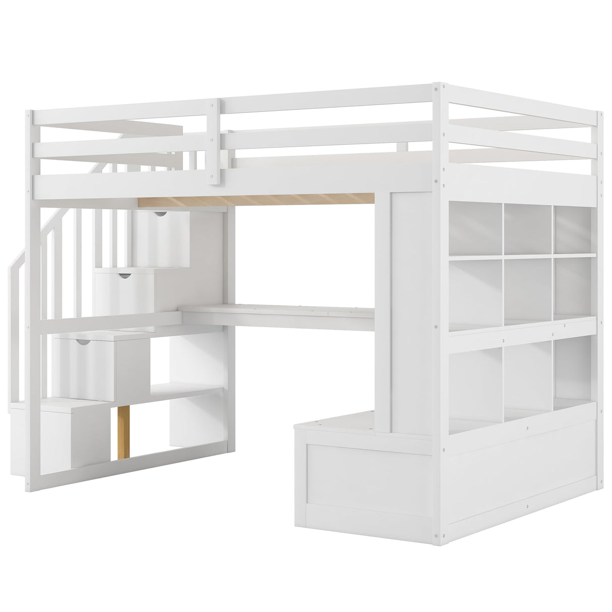 Full Size Loft Bed with Stairs and Desk, Wood Loft Beds Frame with Storage Drawers and Bookcase Shelves for Adults Teens Kids, White Bellemave