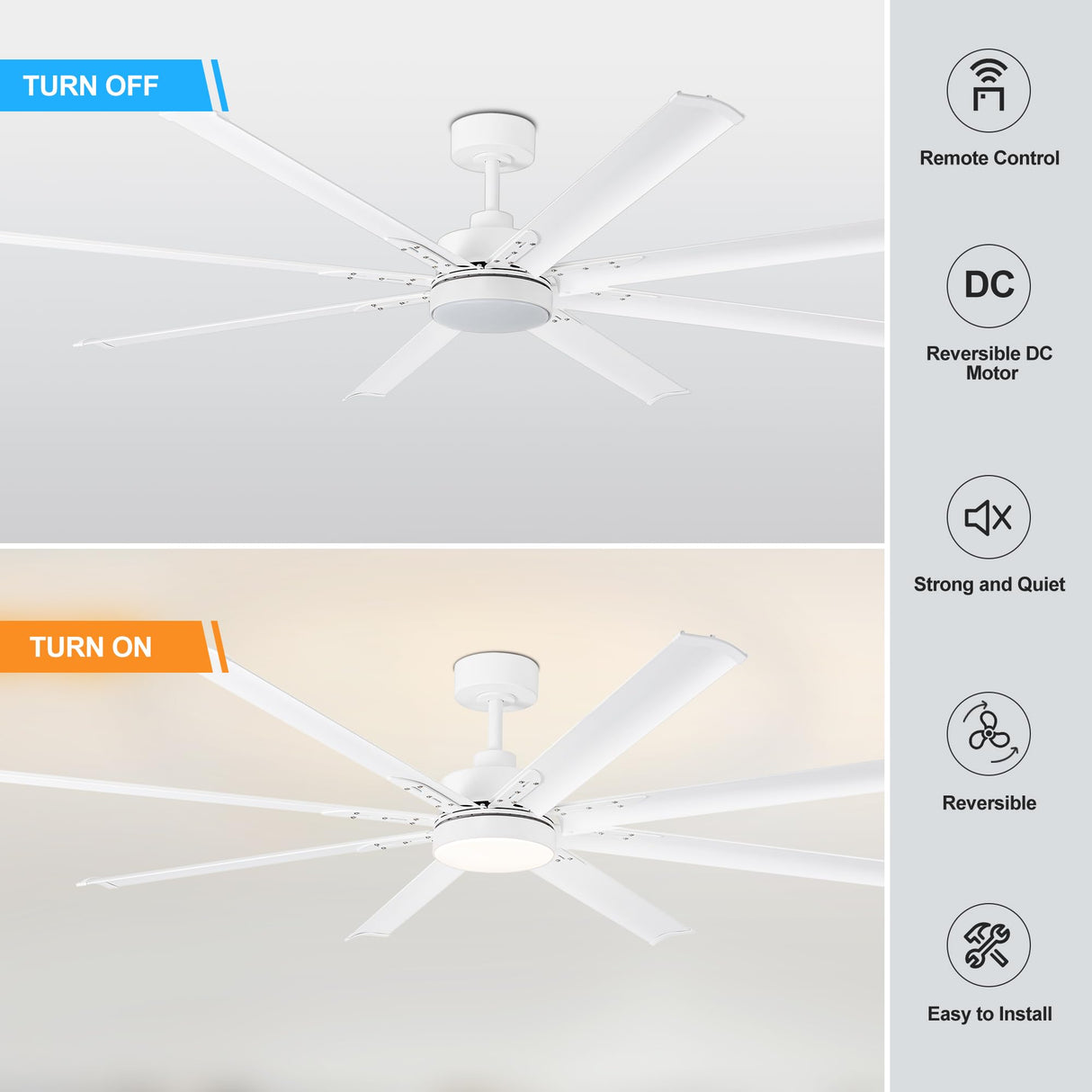 72 inch Ceiling Fans with Lights, Large White Industrial Ceiling Fan with LED and Remote Control, 6 Speeds Reversible DC Motor and 8 Blades Ceiling Fan for Indoor/Outdoor Patio Bedroom Living Room Breezary