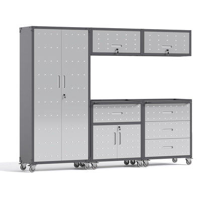 AQY Metal Garage Storage Cabinets System,5 Piece Workshop Steel Cabinet Set Included Lockable Garage Storage Cabinet with Drawers Shelves Rolling Chest and Wheels,Assembly Required