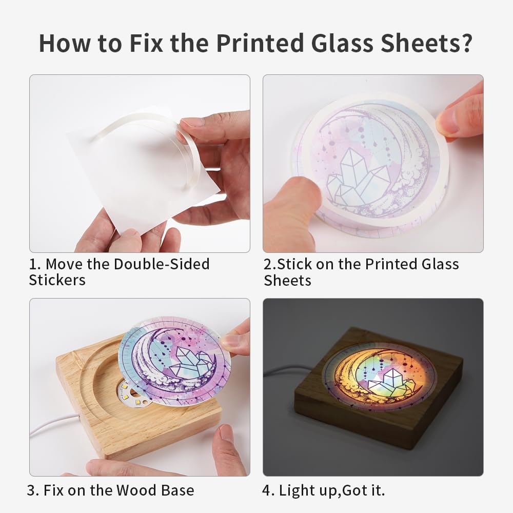 PYD Life 6 Pack Sublimation Night Lights Blanks LED Glass Photo Frames Panels White 3.5" Round with Warm Light,with 3.9" Square Wooden Display Base for Heat Press Machine Printing PYD Life