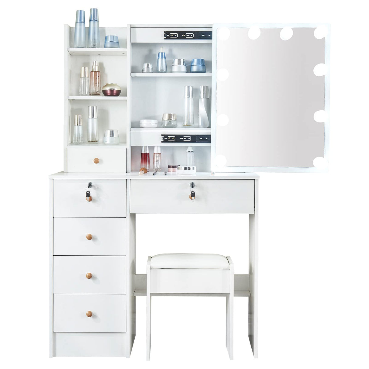Kkonetoy Makeup Vanity with Lights, Vanity Desk with Sliding Mirror and 10 LED Lighted Bulbs, White Modern Dressing Table with 5 Drawers for Bedroom Kkonetoy
