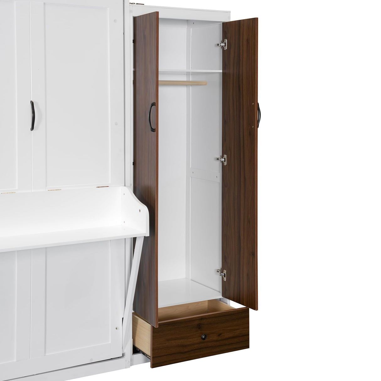 Brabrety Queen Size Wooden Murphy Bed Wall Bed with Closet,Drawers and Table,for Small Spaces Studio Study Office Guest Room Use (White#s, Queen) Brabrety