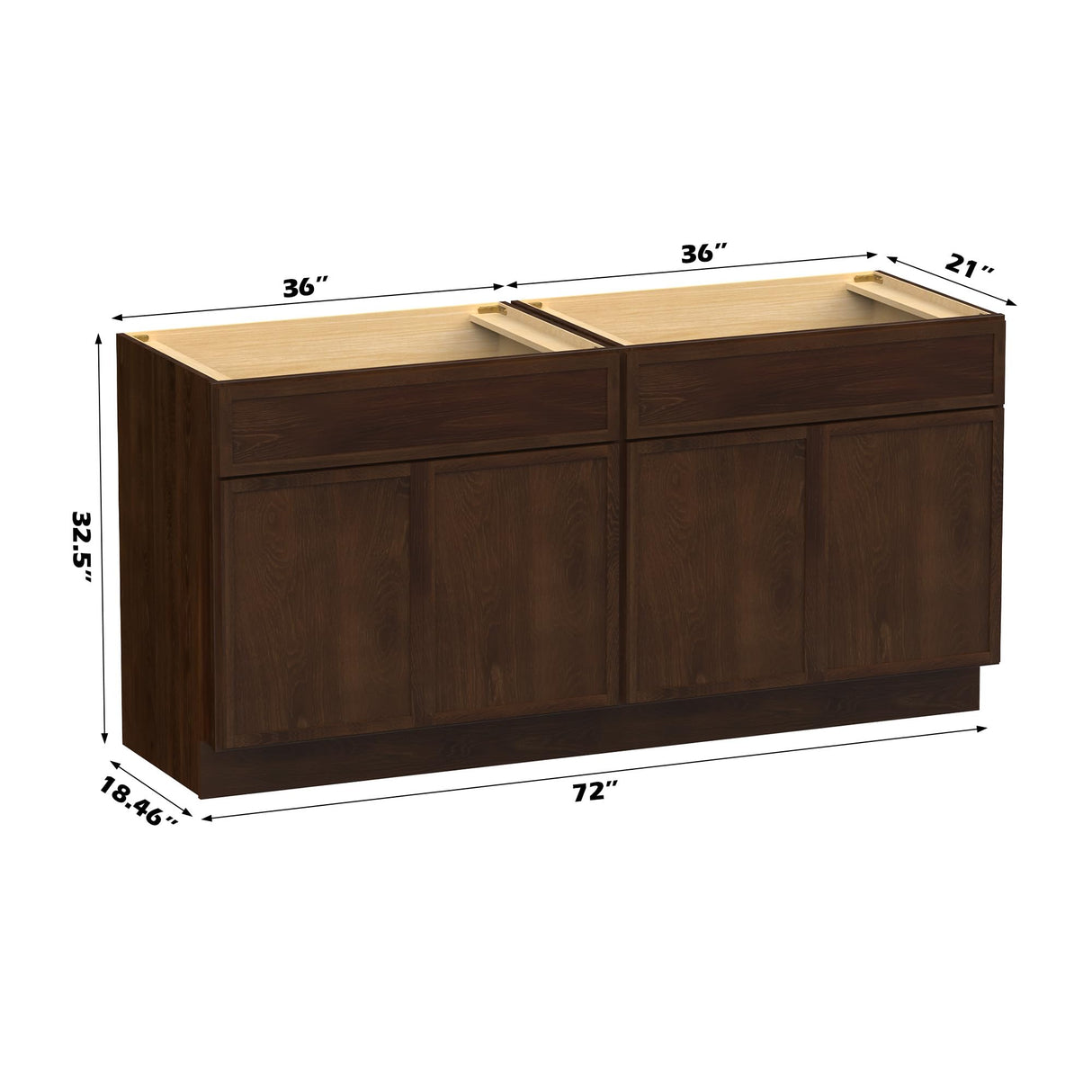 HOMEBEYOND 72 Inch Bathroom Vanity Base Only, Double Vanity Cabinet with Soft Closing Door, 2ea 36 inch Cabinet, Without Top,Brown HOMEBEYOND