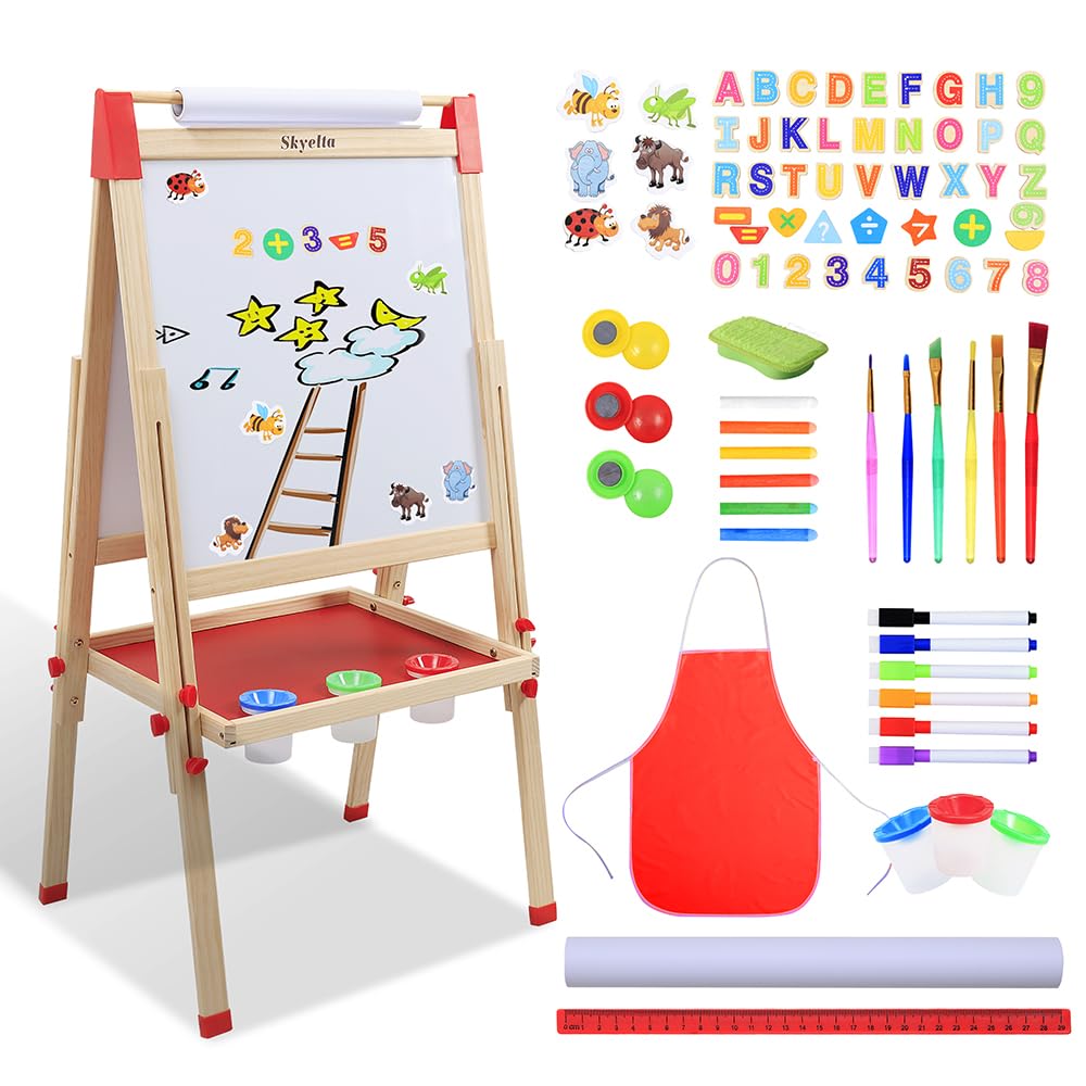 Skyelta Art Easel for Kids Ages 2-4 4-8 9-12,Double Sided Wooden Kids Easel Drawing Board with Magnetic Chalkboard,3-Level Height Adjustable,100+ Accessories,Gift & Art Supplies for Kids Skyelta