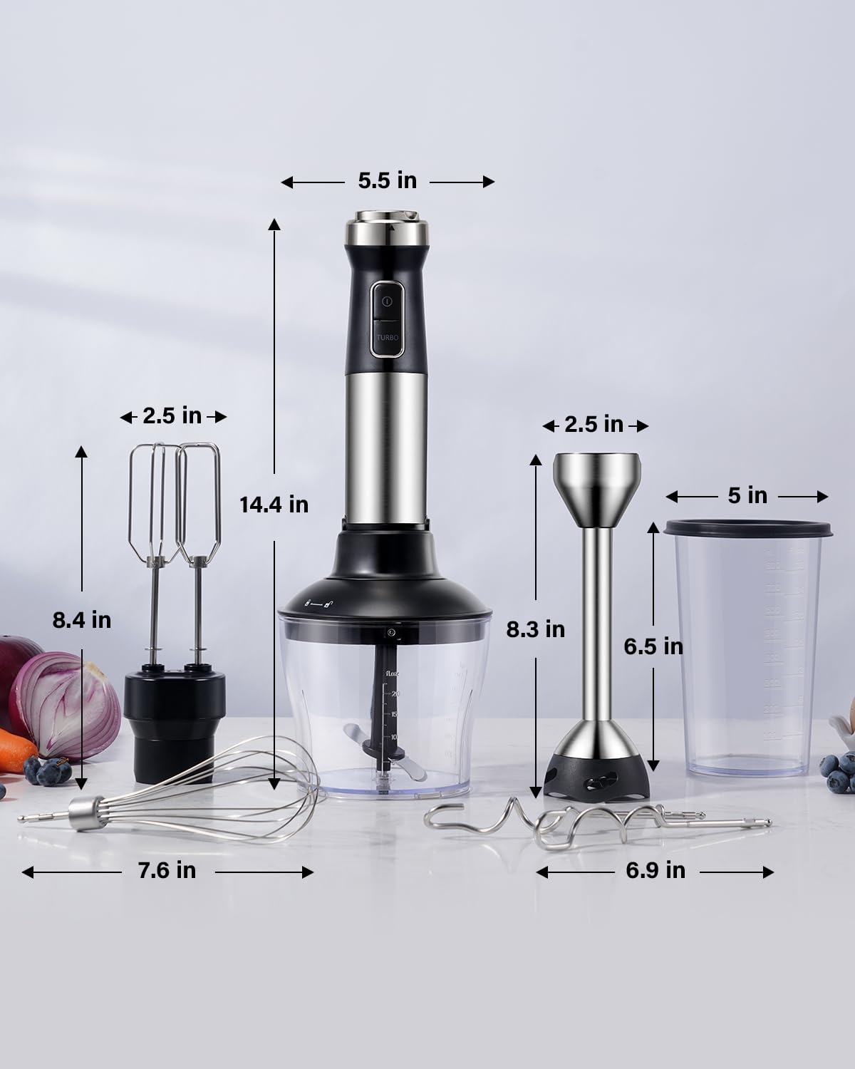 GDOR 1000W 6-in-1 Immersion Blender, Stainless Steel Scratch Resistant Immersion Blender Handheld with 20 Speeds, Hand Blender with Whisk, Chopper, Beaker, Egg Beaters and Dough Hooks, Black GDOR