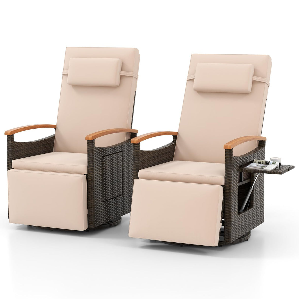 HAPPYGRILL Outdoor Swivel Rattan Recliner Chairs Set of 2, 360° Patio Wicker Chaise Lounge Chair with Adjustable Backrest & Footrest, Flip Side Table for Outside Porch, Poolside & Backyard (Beige) HAPPYGRILL