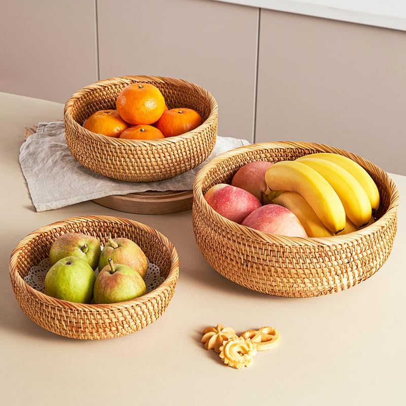 Rattan Bread Basket, Hand Woven Fruit Basket, Wicker Serving Basket Bowl, Decorative Baskets for Kitchen Counter Organizing, Set of 3 (Round) XIMISISE